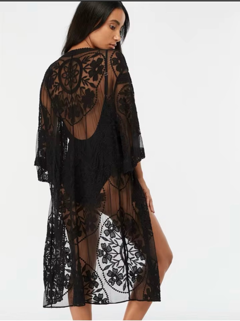 Sheer Black Lace Kimono Cover-Up